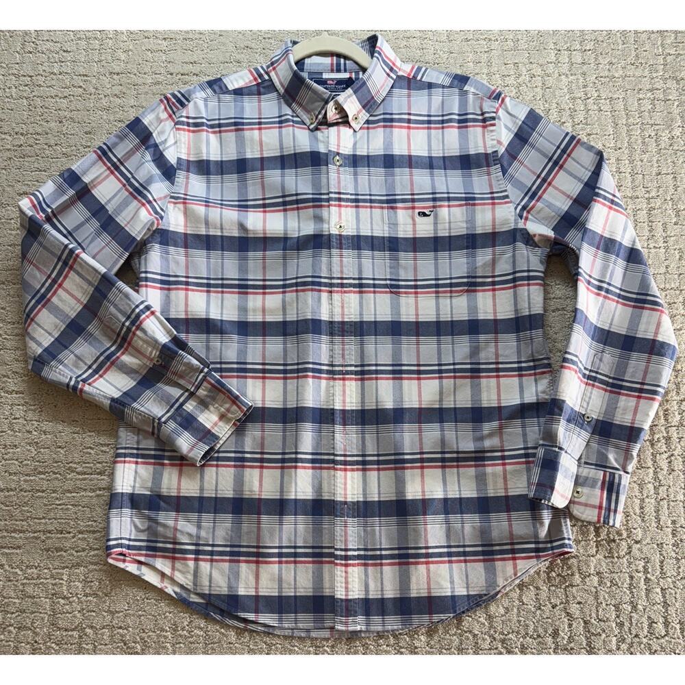 Vineyard Vines Shirt Mens Large Red Blue Plaid Check Slim‎ Fit Tucker Whale